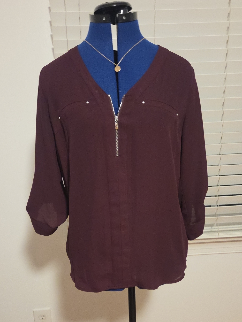 Women’s V-Neck Zip Blouse - Plum
